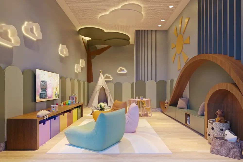 Brinquedoteca com espaço lúdico no pilotis do Residencial Ágata