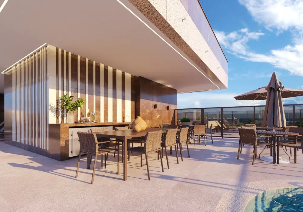 Terraço gourmet e área de apoio da piscina com vista na cobertura