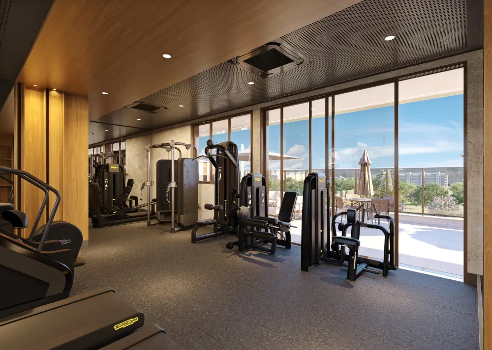 Academia equipada com aparelhos Technogym na cobertura de lazer