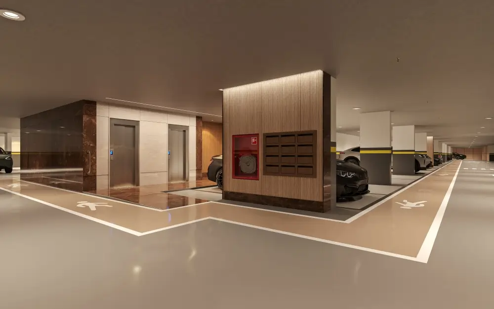 Hall de elevadores com acabamento nobre em granito e madeira